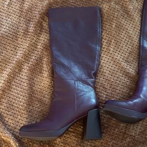Burgundy Platform Leather Knee-High Boots